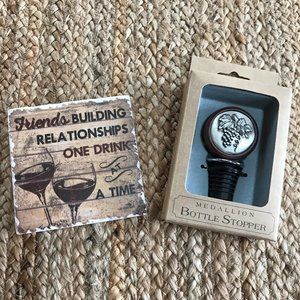 Wine Bottle Stopper and set of 4 Wine Coasters NIB